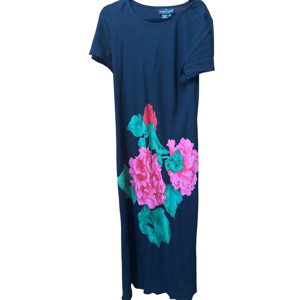 Vintage Y2K 90's Carole Little Black Floral  Maxi Dress Short Sleeve Made USA 14
